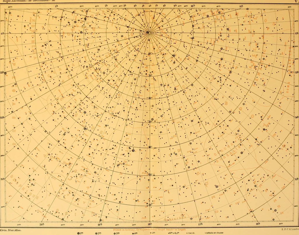 An illustration from Star atlas : containing maps of all the stars from 1 to 6.5 magnitude between the north pole and 340s south declination, and of all nebulae and star clusters in the same region which are visible in telescopes of moderate powers, 1893, leaf 100