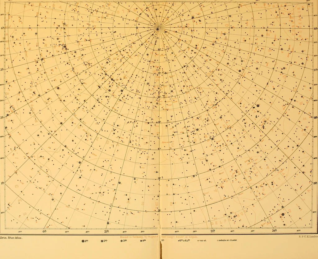 An illustration from Star atlas : containing maps of all the stars from 1 to 6.5 magnitude between the north pole and 340s south declination, and of all nebulae and star clusters in the same region which are visible in telescopes of moderate powers, 1893, leaf 104