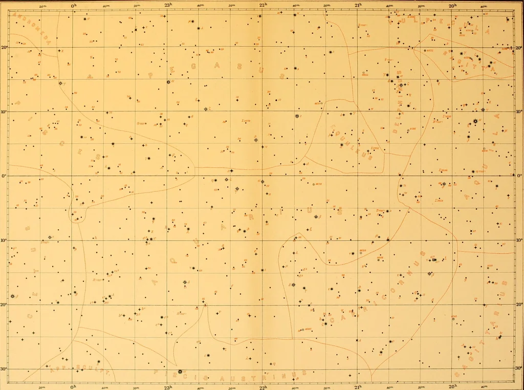 An illustration from Star atlas : containing maps of all the stars from 1 to 6.5 magnitude between the north pole and 340s south declination, and of all nebulae and star clusters in the same region which are visible in telescopes of moderate powers, 1893, leaf 128