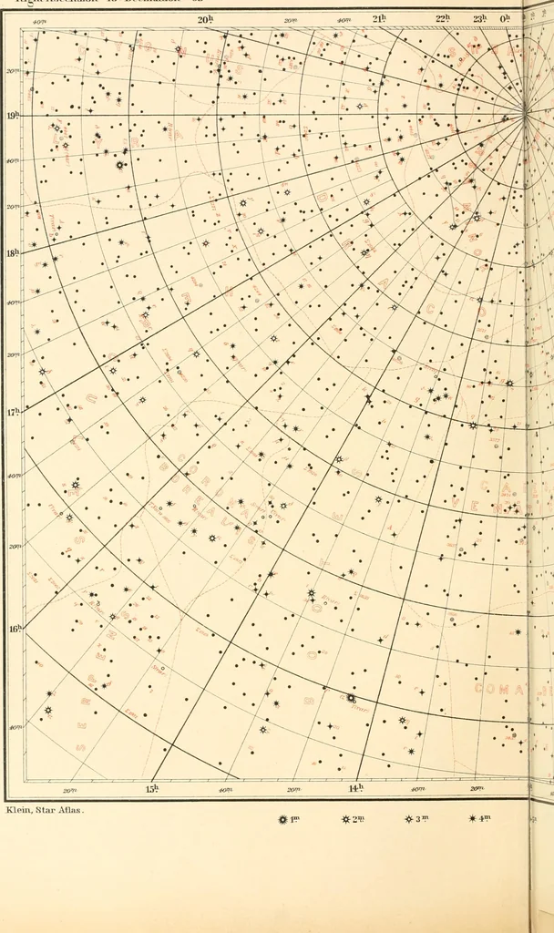 An illustration from Star atlas containing maps of all the stars from 1 to 6.5 magnitude between the North Pole and 34 south declination, and of all nebulae and star clusters in the same region which are visible in telescopes of moderate powers. With explanatory text by H.J. Klein. Translated by Edmond McClure, 1901, leaf 101