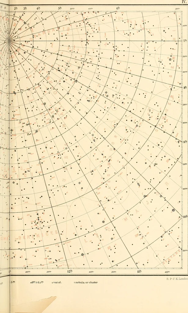 An illustration from Star atlas containing maps of all the stars from 1 to 6.5 magnitude between the North Pole and 34 south declination, and of all nebulae and star clusters in the same region which are visible in telescopes of moderate powers. With explanatory text by H.J. Klein. Translated by Edmond McClure, 1901, leaf 102