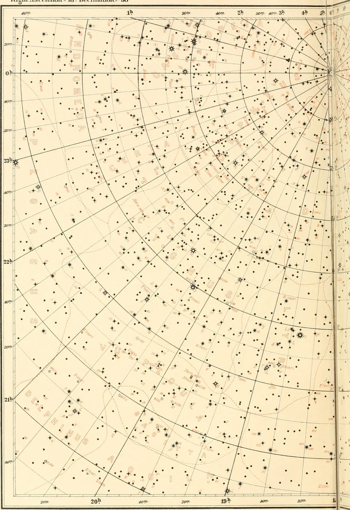 An illustration from Star atlas containing maps of all the stars from 1 to 6.5 magnitude between the North Pole and 34 south declination, and of all nebulae and star clusters in the same region which are visible in telescopes of moderate powers. With explanatory text by H.J. Klein. Translated by Edmond McClure, 1901, leaf 105