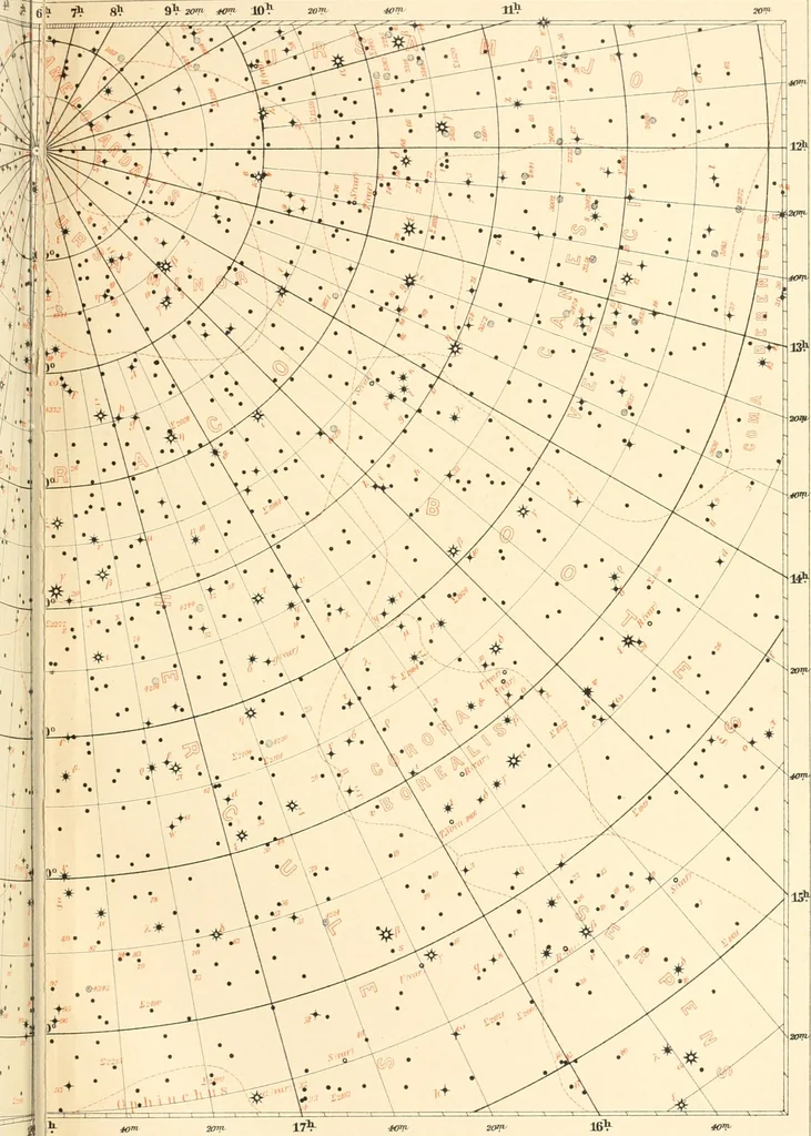 An illustration from Star atlas containing maps of all the stars from 1 to 6.5 magnitude between the North Pole and 34 south declination, and of all nebulae and star clusters in the same region which are visible in telescopes of moderate powers. With explanatory text by H.J. Klein. Translated by Edmond McClure, 1901, leaf 106