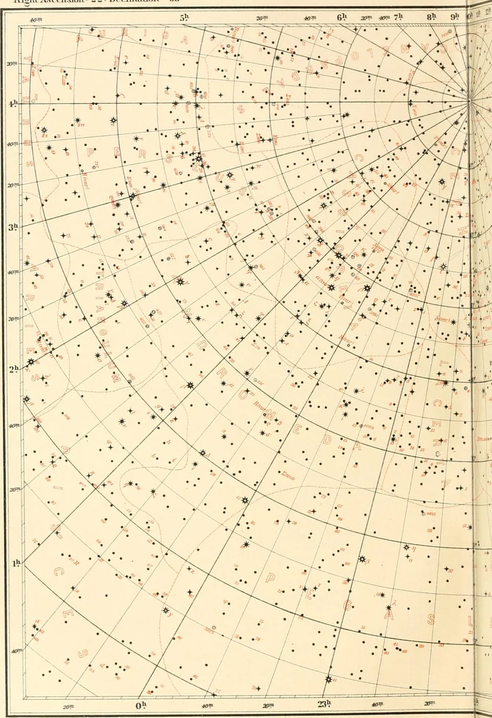 An illustration from Star atlas containing maps of all the stars from 1 to 6.5 magnitude between the North Pole and 34 south declination, and of all nebulae and star clusters in the same region which are visible in telescopes of moderate powers. With explanatory text by H.J. Klein. Translated by Edmond McClure, 1901, leaf 109