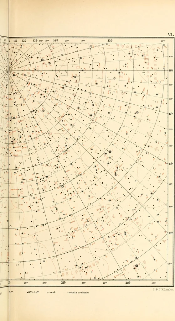 An illustration from Star atlas containing maps of all the stars from 1 to 6.5 magnitude between the North Pole and 34 south declination, and of all nebulae and star clusters in the same region which are visible in telescopes of moderate powers. With explanatory text by H.J. Klein. Translated by Edmond McClure, 1901, leaf 110