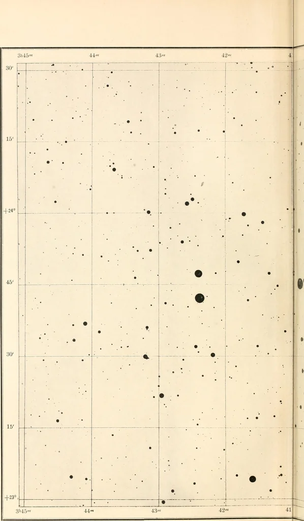 An illustration from Star atlas containing maps of all the stars from 1 to 6.5 magnitude between the North Pole and 34 south declination, and of all nebulae and star clusters in the same region which are visible in telescopes of moderate powers. With explanatory text by H.J. Klein. Translated by Edmond McClure, 1901, leaf 135