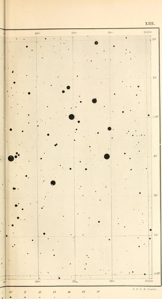 An illustration from Star atlas containing maps of all the stars from 1 to 6.5 magnitude between the North Pole and 34 south declination, and of all nebulae and star clusters in the same region which are visible in telescopes of moderate powers. With explanatory text by H.J. Klein. Translated by Edmond McClure, 1901, leaf 136