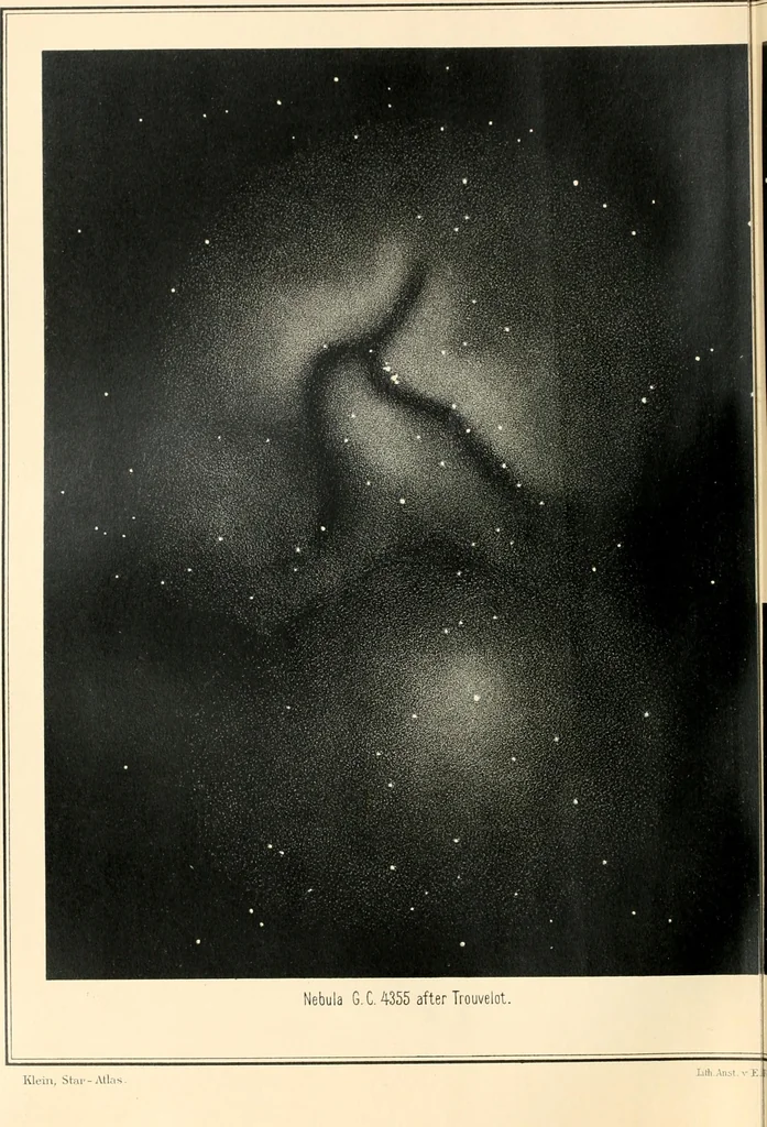 An illustration from Star atlas containing maps of all the stars from 1 to 6.5 magnitude between the North Pole and 34 south declination, and of all nebulae and star clusters in the same region which are visible in telescopes of moderate powers. With explanatory text by H.J. Klein. Translated by Edmond McClure, 1901, leaf 143