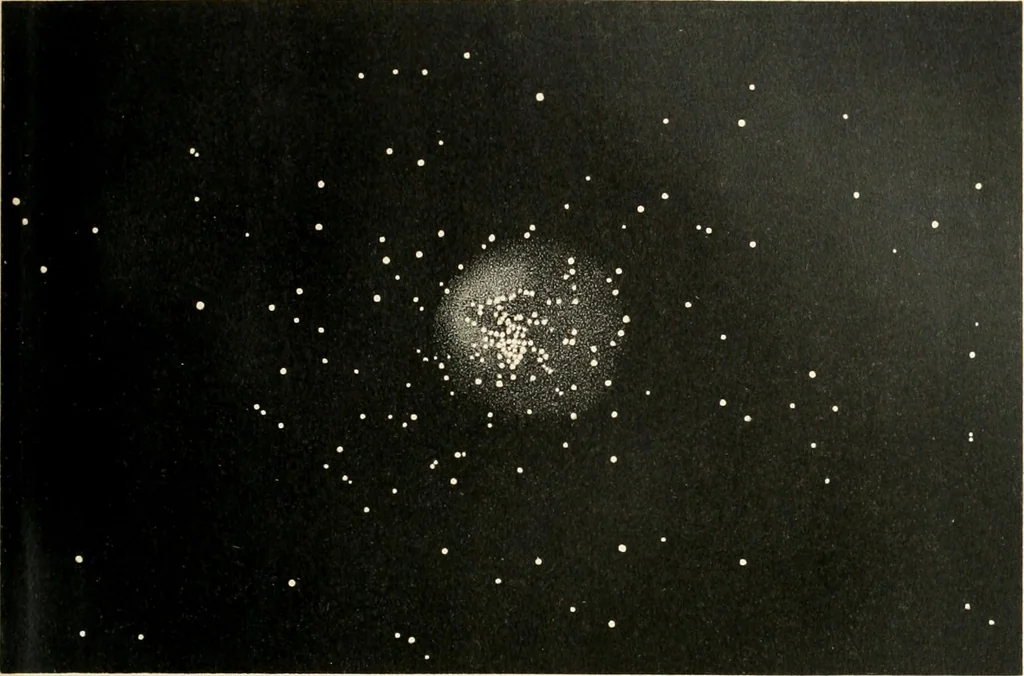 An illustration from Star atlas containing maps of all the stars from 1 to 6.5 magnitude between the North Pole and 34 south declination, and of all nebulae and star clusters in the same region which are visible in telescopes of moderate powers. With explanatory text by H.J. Klein. Translated by Edmond McClure, 1901, leaf 144