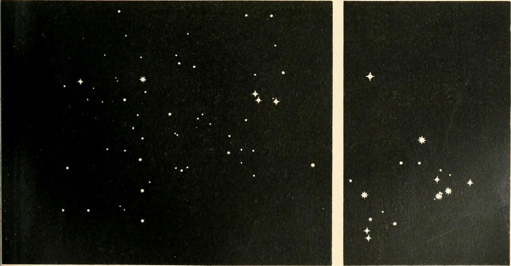 An illustration from Star atlas containing maps of all the stars from 1 to 6.5 magnitude between the North Pole and 34 south declination, and of all nebulae and star clusters in the same region which are visible in telescopes of moderate powers. With explanatory text by H.J. Klein. Translated by Edmond McClure, 1901, leaf 144