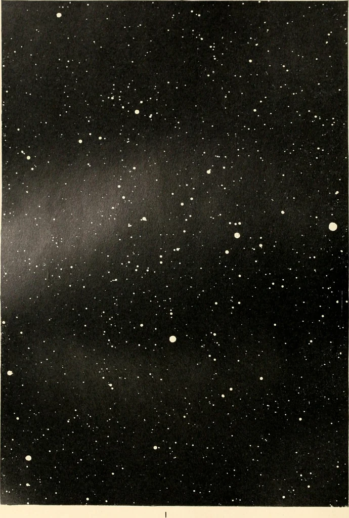 An illustration from Star atlas containing maps of all the stars from 1 to 6.5 magnitude between the North Pole and 34 south declination, and of all nebulae and star clusters in the same region which are visible in telescopes of moderate powers. With explanatory text by H.J. Klein. Translated by Edmond McClure, 1901, leaf 147