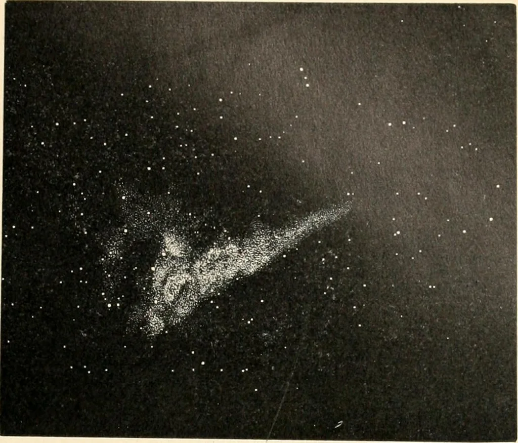 An illustration from Star atlas containing maps of all the stars from 1 to 6.5 magnitude between the North Pole and 34 south declination, and of all nebulae and star clusters in the same region which are visible in telescopes of moderate powers. With explanatory text by H.J. Klein. Translated by Edmond McClure, 1901, leaf 148