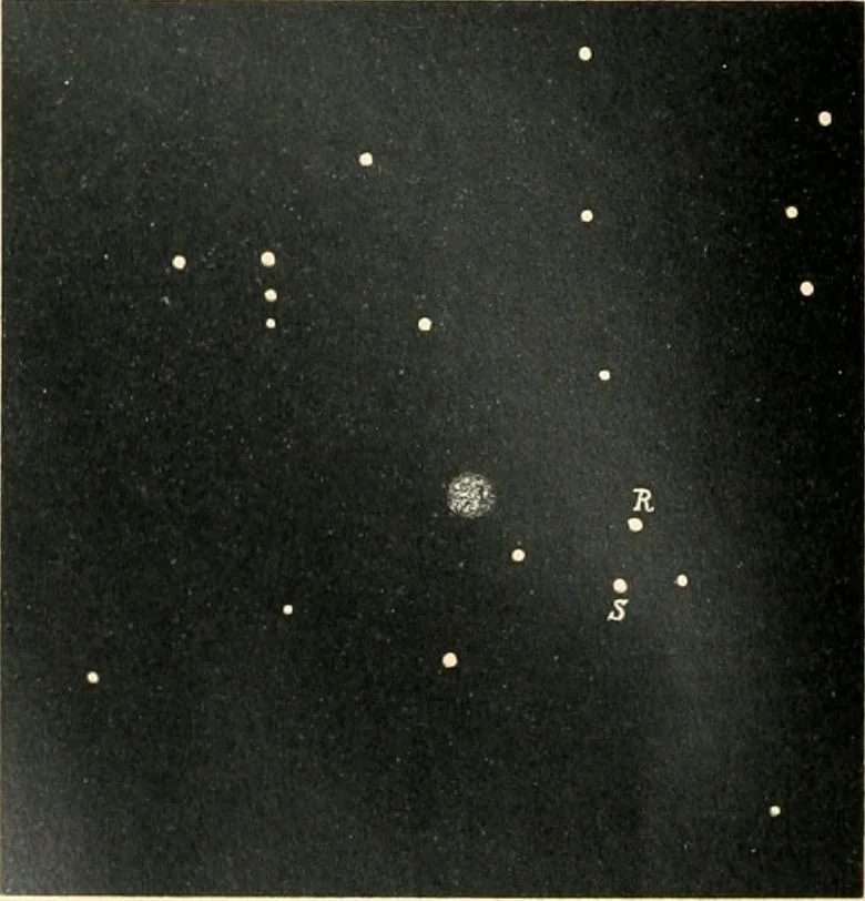 An illustration from Star atlas containing maps of all the stars from 1 to 6.5 magnitude between the North Pole and 34 south declination, and of all nebulae and star clusters in the same region which are visible in telescopes of moderate powers. With explanatory text by H.J. Klein. Translated by Edmond McClure, 1901, leaf 155