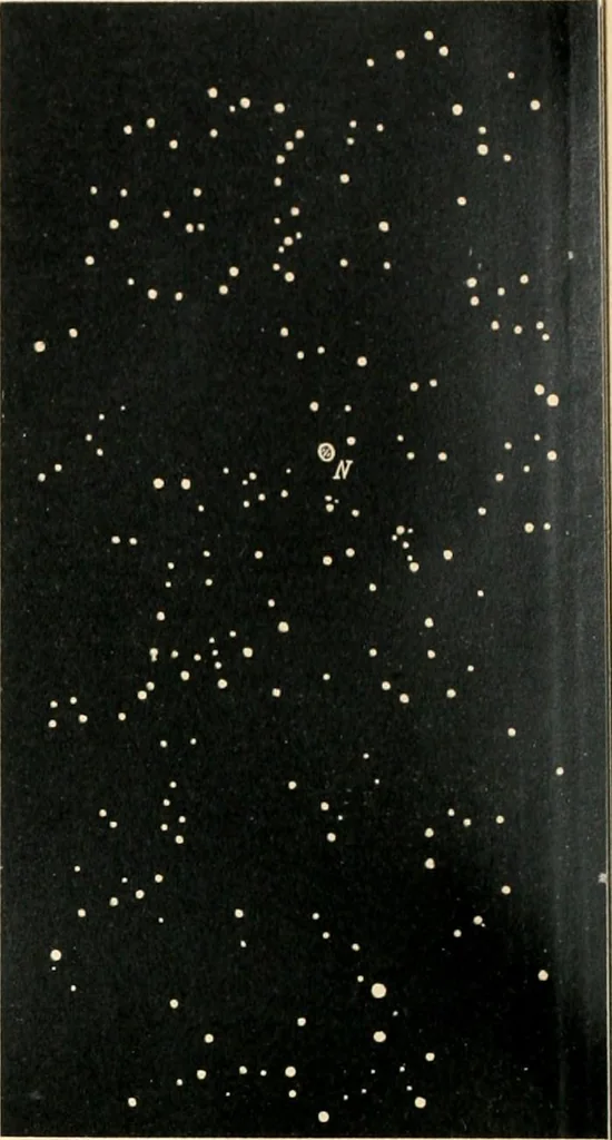 An illustration from Star atlas containing maps of all the stars from 1 to 6.5 magnitude between the North Pole and 34 south declination, and of all nebulae and star clusters in the same region which are visible in telescopes of moderate powers. With explanatory text by H.J. Klein. Translated by Edmond McClure, 1901, leaf 155