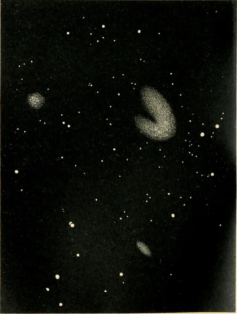 An illustration from Star atlas containing maps of all the stars from 1 to 6.5 magnitude between the North Pole and 34 south declination, and of all nebulae and star clusters in the same region which are visible in telescopes of moderate powers. With explanatory text by H.J. Klein. Translated by Edmond McClure, 1901, leaf 155