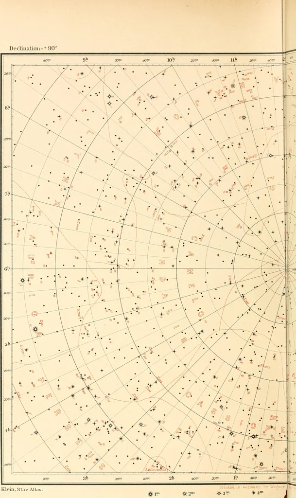 An illustration from Star atlas containing maps of all the stars from 1 to 6.5 magnitude between the North Pole and 34 south declination, and of all nebulae and star clusters in the same region which are visible in telescopes of moderate powers. With explanatory text by H.J. Klein. Translated by Edmond McClure, 1901, leaf 89
