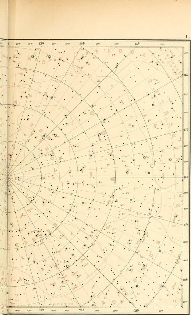 An illustration from Star atlas containing maps of all the stars from 1 to 6.5 magnitude between the North Pole and 34 south declination, and of all nebulae and star clusters in the same region which are visible in telescopes of moderate powers. With explanatory text by H.J. Klein. Translated by Edmond McClure, 1901, leaf 90