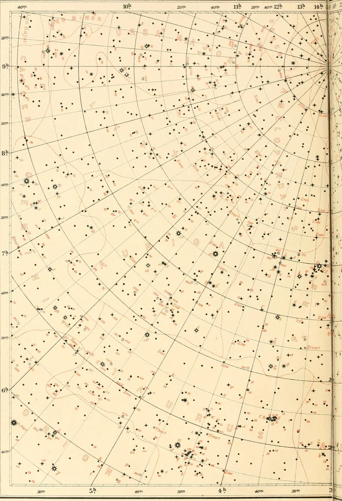 An illustration from Star atlas containing maps of all the stars from 1 to 6.5 magnitude between the North Pole and 34 south declination, and of all nebulae and star clusters in the same region which are visible in telescopes of moderate powers. With explanatory text by H.J. Klein. Translated by Edmond McClure, 1901, leaf 93