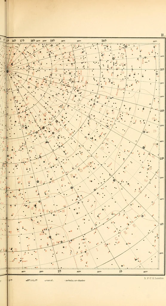 An illustration from Star atlas containing maps of all the stars from 1 to 6.5 magnitude between the North Pole and 34 south declination, and of all nebulae and star clusters in the same region which are visible in telescopes of moderate powers. With explanatory text by H.J. Klein. Translated by Edmond McClure, 1901, leaf 94
