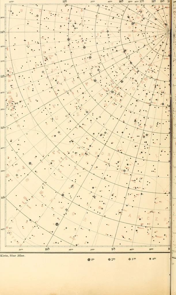 An illustration from Star atlas containing maps of all the stars from 1 to 6.5 magnitude between the North Pole and 34 south declination, and of all nebulae and star clusters in the same region which are visible in telescopes of moderate powers. With explanatory text by H.J. Klein. Translated by Edmond McClure, 1901, leaf 97