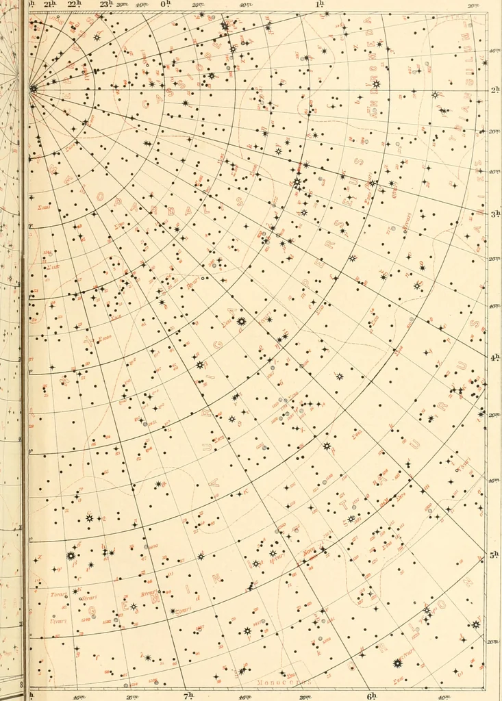 An illustration from Star atlas containing maps of all the stars from 1 to 6.5 magnitude between the North Pole and 34 south declination, and of all nebulae and star clusters in the same region which are visible in telescopes of moderate powers. With explanatory text by H.J. Klein. Translated by Edmond McClure, 1901, leaf 98