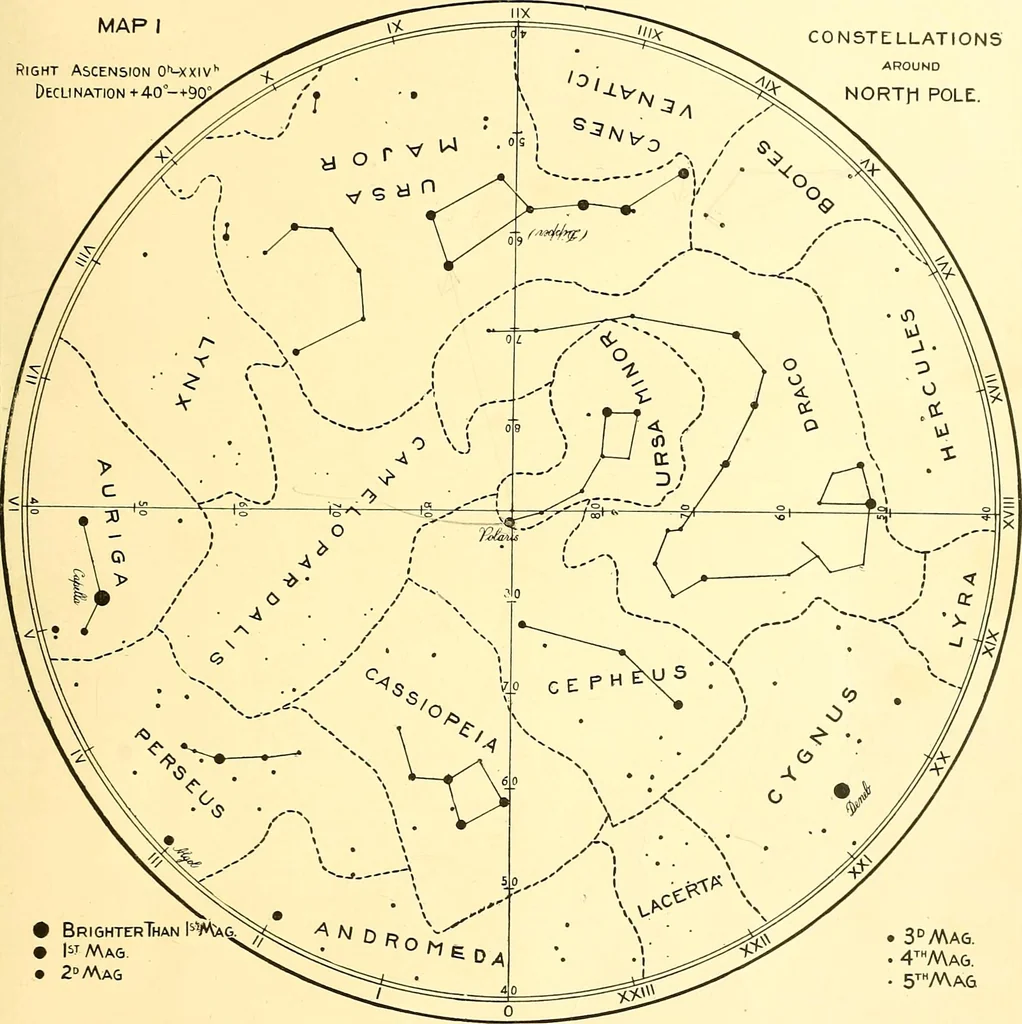 An illustration from Star atlas, containing stars visible to the naked eye and clusters, nebulae and double stars visible in small telescopes, together with variable stars, red stars, characteristic star groups, ancient constellation figures and an explanatory text, 1896, leaf 40