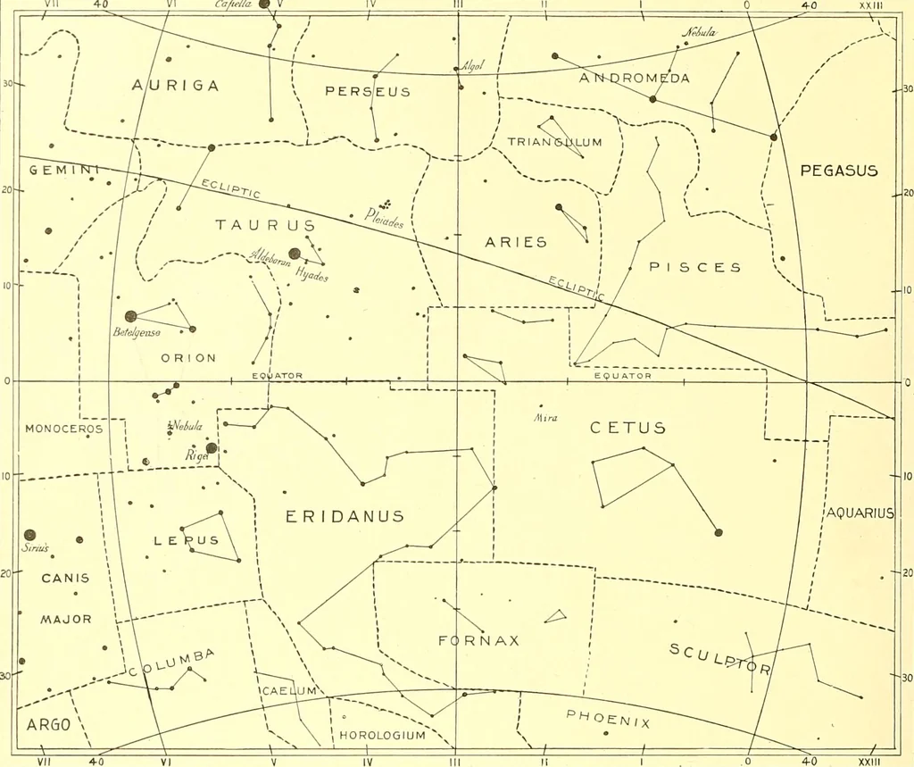 An illustration from Star atlas, containing stars visible to the naked eye and clusters, nebulae and double stars visible in small telescopes, together with variable stars, red stars, characteristic star groups, ancient constellation figures and an explanatory text, 1896, leaf 41