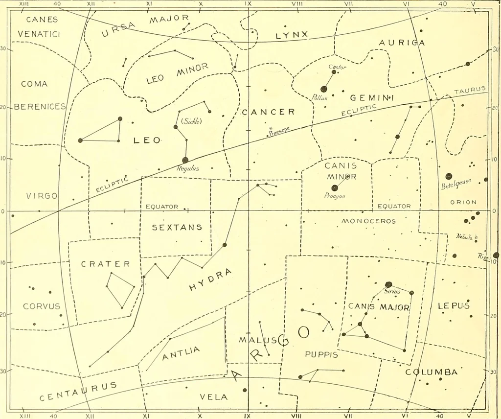 An illustration from Star atlas, containing stars visible to the naked eye and clusters, nebulae and double stars visible in small telescopes, together with variable stars, red stars, characteristic star groups, ancient constellation figures and an explanatory text, 1896, leaf 41