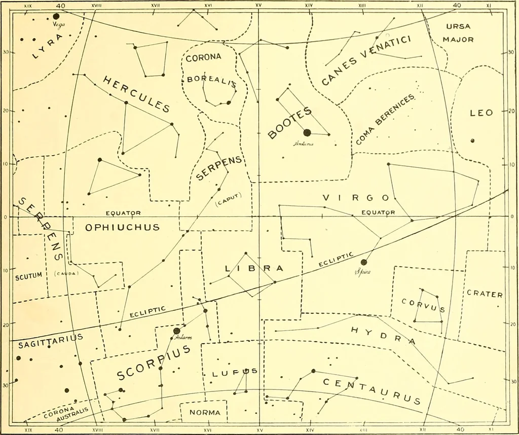 An illustration from Star atlas, containing stars visible to the naked eye and clusters, nebulae and double stars visible in small telescopes, together with variable stars, red stars, characteristic star groups, ancient constellation figures and an explanatory text, 1896, leaf 42