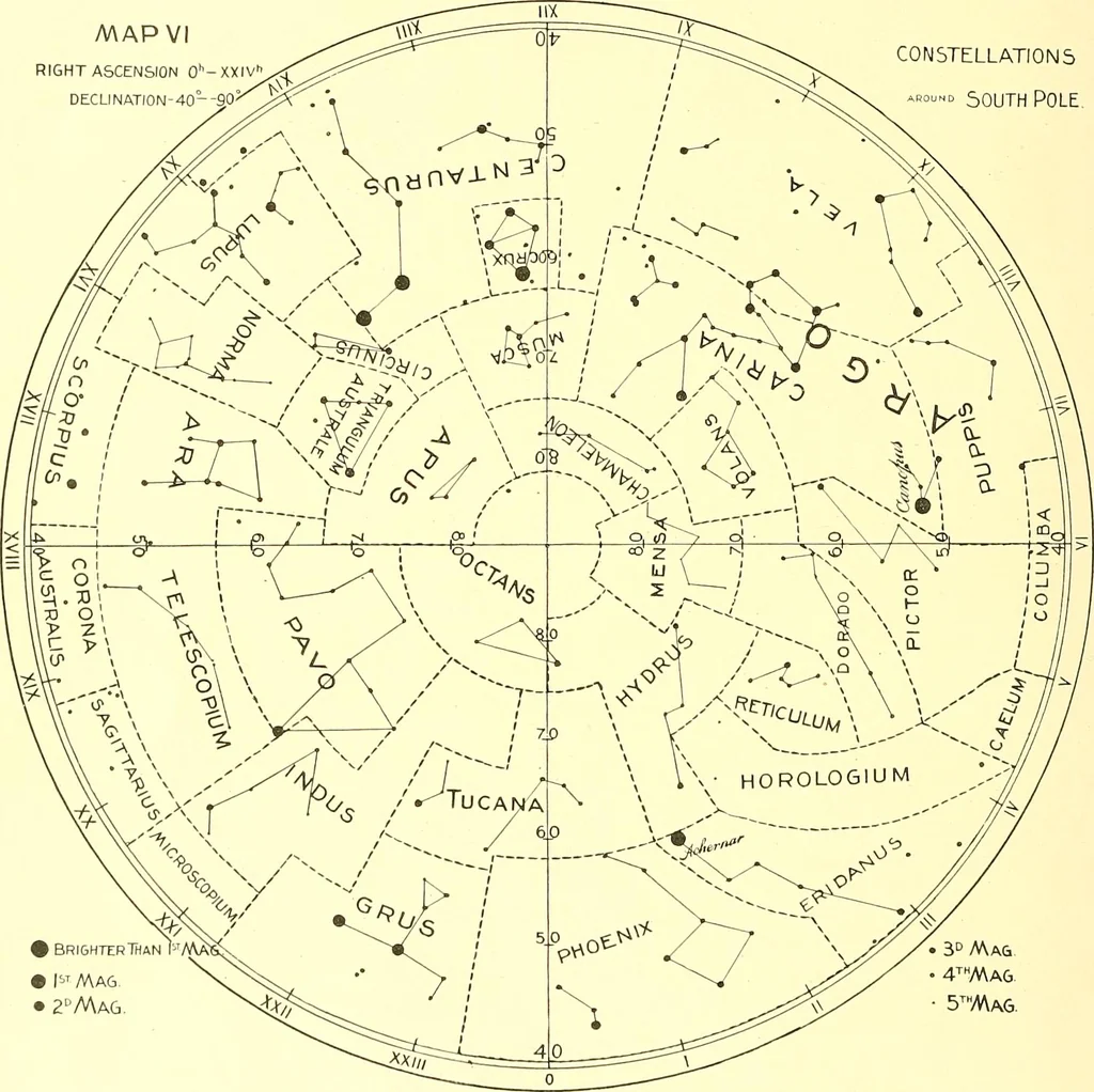 An illustration from Star atlas, containing stars visible to the naked eye and clusters, nebulae and double stars visible in small telescopes, together with variable stars, red stars, characteristic star groups, ancient constellation figures and an explanatory text, 1896, leaf 43