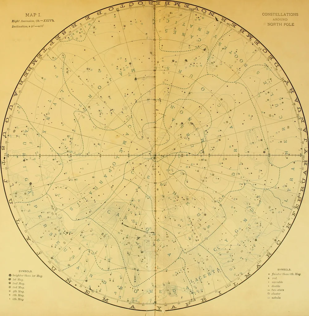 An illustration from Star atlas, containing stars visible to the naked eye and clusters, nebulae and double stars visible in small telescopes, together with variable stars, red stars, characteristic star groups, ancient constellation figures and an explanatory text, 1896, leaf 46
