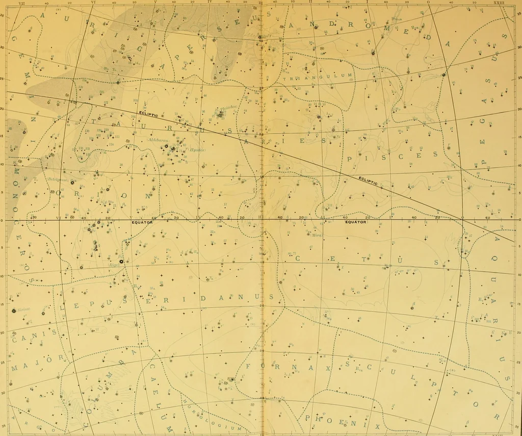 An illustration from Star atlas, containing stars visible to the naked eye and clusters, nebulae and double stars visible in small telescopes, together with variable stars, red stars, characteristic star groups, ancient constellation figures and an explanatory text, 1896, leaf 48