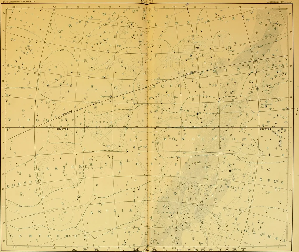 An illustration from Star atlas, containing stars visible to the naked eye and clusters, nebulae and double stars visible in small telescopes, together with variable stars, red stars, characteristic star groups, ancient constellation figures and an explanatory text, 1896, leaf 50