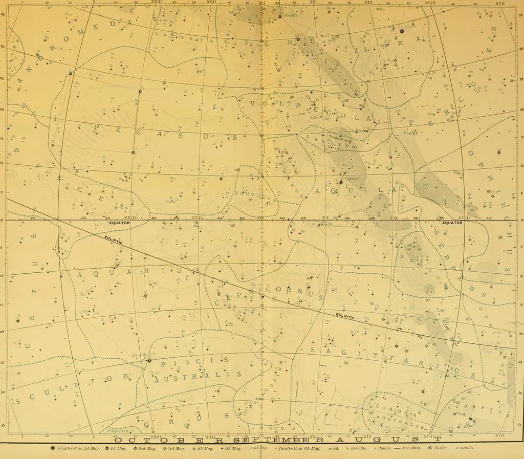 An illustration from Star atlas, containing stars visible to the naked eye and clusters, nebulae and double stars visible in small telescopes, together with variable stars, red stars, characteristic star groups, ancient constellation figures and an explanatory text, 1896, leaf 54