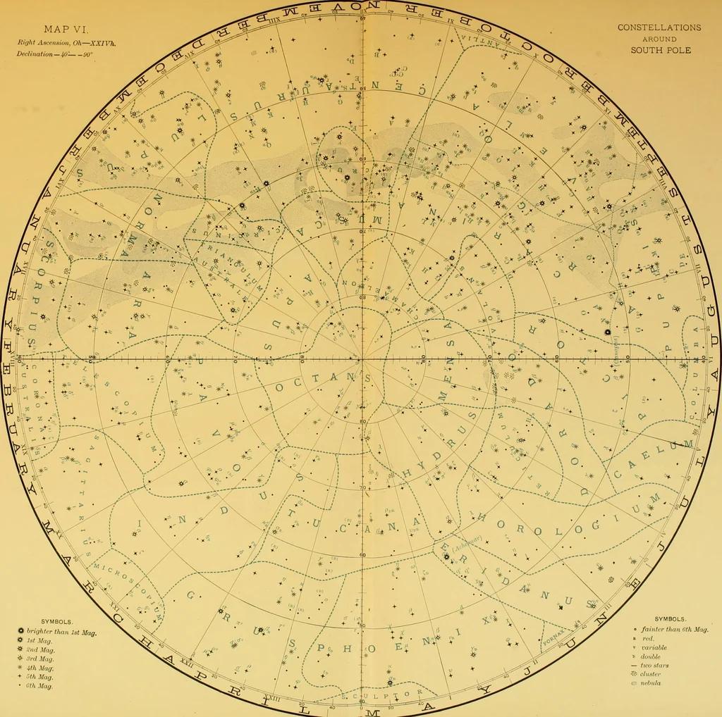 An illustration from Star atlas, containing stars visible to the naked eye and clusters, nebulae and double stars visible in small telescopes, together with variable stars, red stars, characteristic star groups, ancient constellation figures and an explanatory text, 1896, leaf 56