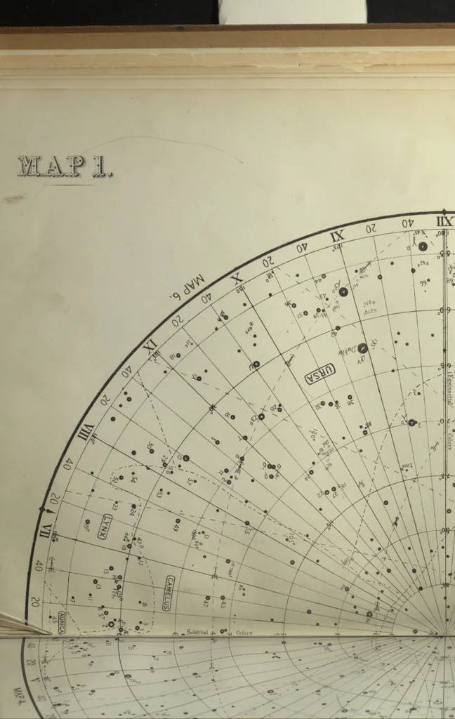 An illustration from A star atlas for the library, the school and the observatory. Showing 6,000 stars and 1,500 objects of interest, in twelve circular maps on the equidistant projection; with two coloured index plates, in their proper relative positions, including all the stars to the fifth magnitude, and the constellation figures ... With a letter press introduction, 1874, leaf 35