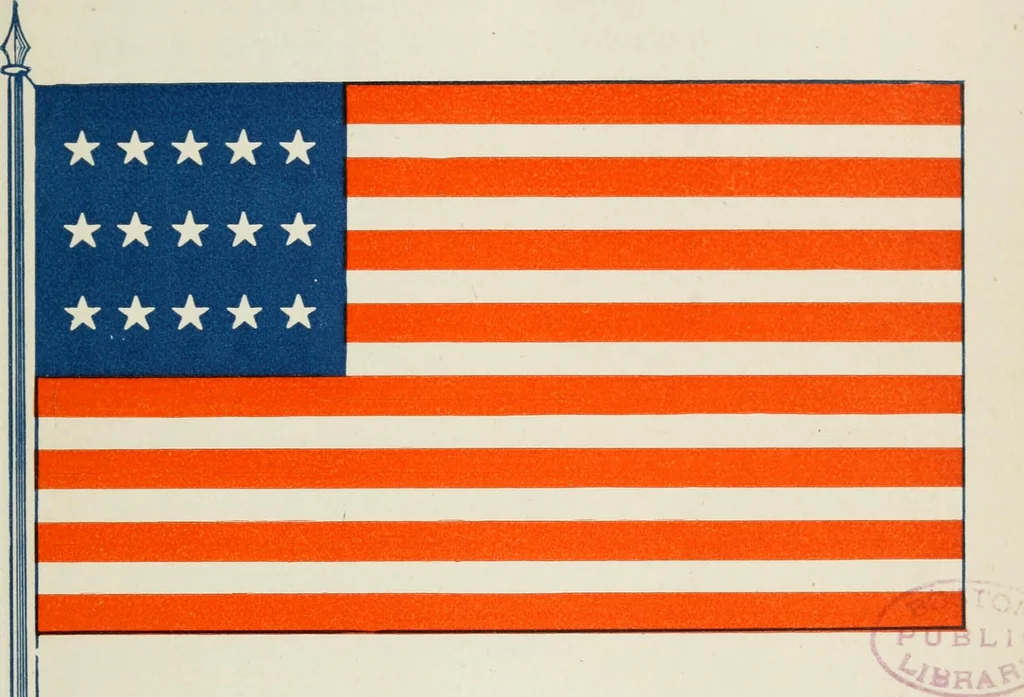 An illustration from The stars and stripes and other American flags, including their origin and history, army and navy regulations concerning the national standard and ensign, flag making, salutes, improvised, unique, and combination flags, flag legislation, and many associations of American flags, including their origin of the name "Old glory," with songs and their origin, 1914, leaf 98