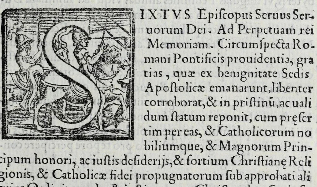 An illustration from Statvti, capitoli, et constitvtioni dell'Ordine de' cavalieri di santo Stefano, fondato & dotato dall'illustr. & eccell. s. Cosimo Medici, duca II. di Fiorenza, e di Siena, riformati dal sereniss. don Ferdinando Medici, terzo gran duca di Toscana, & gran maestro di detto Ordine. Et approuati, & publicati nel Capitolo generale di detto Ordine, l'anno M D XC. Con le facultà, indulti, & priuilegij concessi dalla Santità di Papa Pio IIII. & da N.S. Sisto Papa V. & dal suddetto fondatore. Con la tauola copiosissima delle materie, e capitoli, 1595, leaf 39