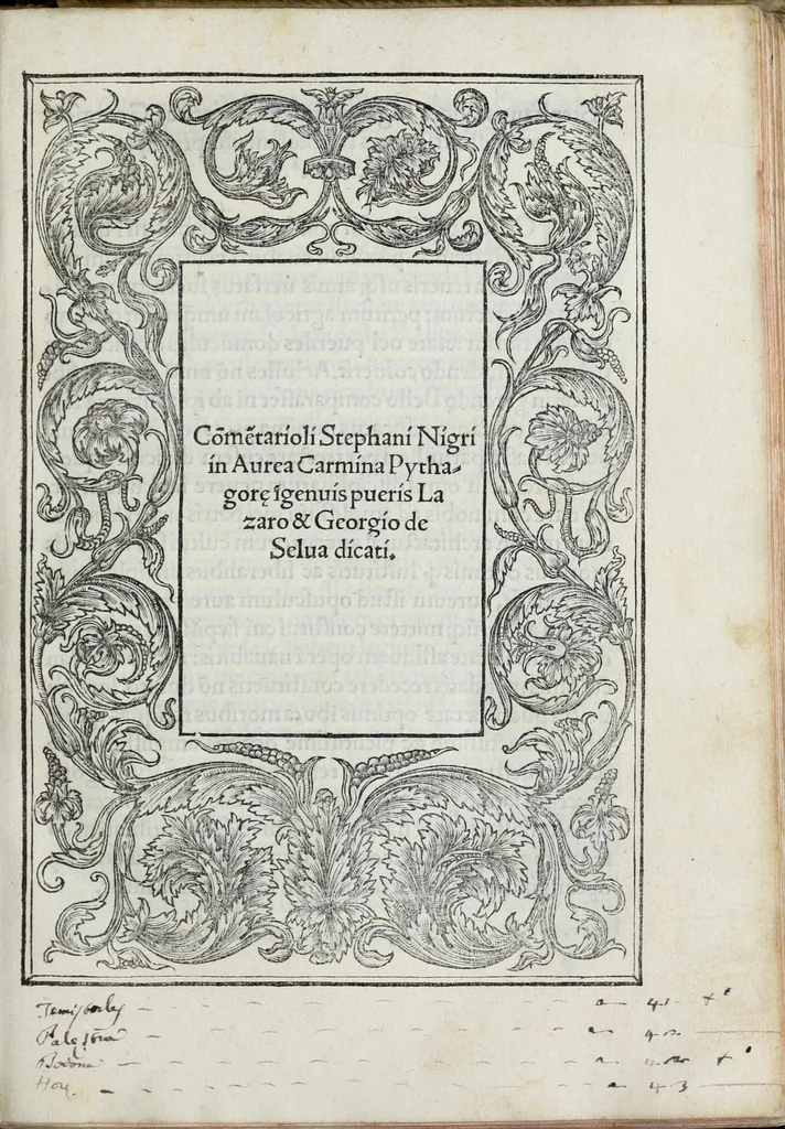 An illustration from Stephani Nigri elega[n]tissime è greco author[um] subditor[um] tra[n]slationes : uidelicet, Philostrati Icones, Pythagore̜ Carme[n] aureu[m], Athene̜i collectanea, Musonij philosophi Tyrij de pri[n]cipe optîmo, Isocratis d[e] regis muneribus or[?]o, & alia .., 1521, leaf 101