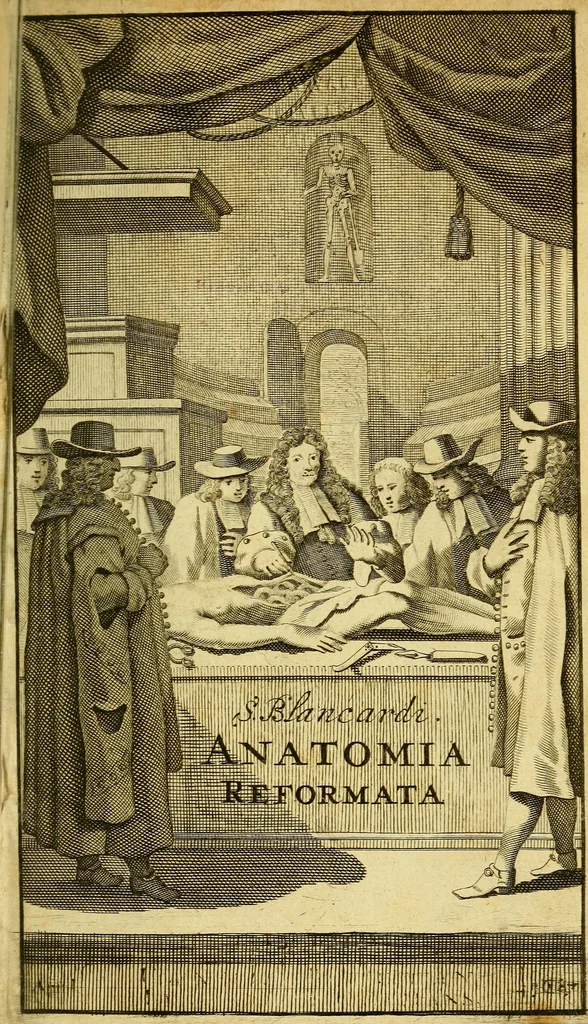 An illustration from Steph. Blancardi Anatomia reformata, sive, Concinna corporis humani : dissectio, ad neotericorum mentem adornata, plurimisque tabulis chalcographicis illustrata : accedit ejusdem authoris be balsamatione, nova methodus, à nemine antehac hoc modo descripta, 1687, leaf 4