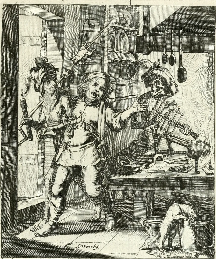 An illustration from Sterbensspiegel, das ist, Sonnenklare Vorstellung menschlicher Nichtigkeit durch alle Ständ und Geschlechter : vermitlest 60. dienstlicher Kupferblätteren, lehrzeicher Vberschrifften, und beweglicher zu vier stimmen aussgesetzter Todtengessängen, 1650, leaf 100