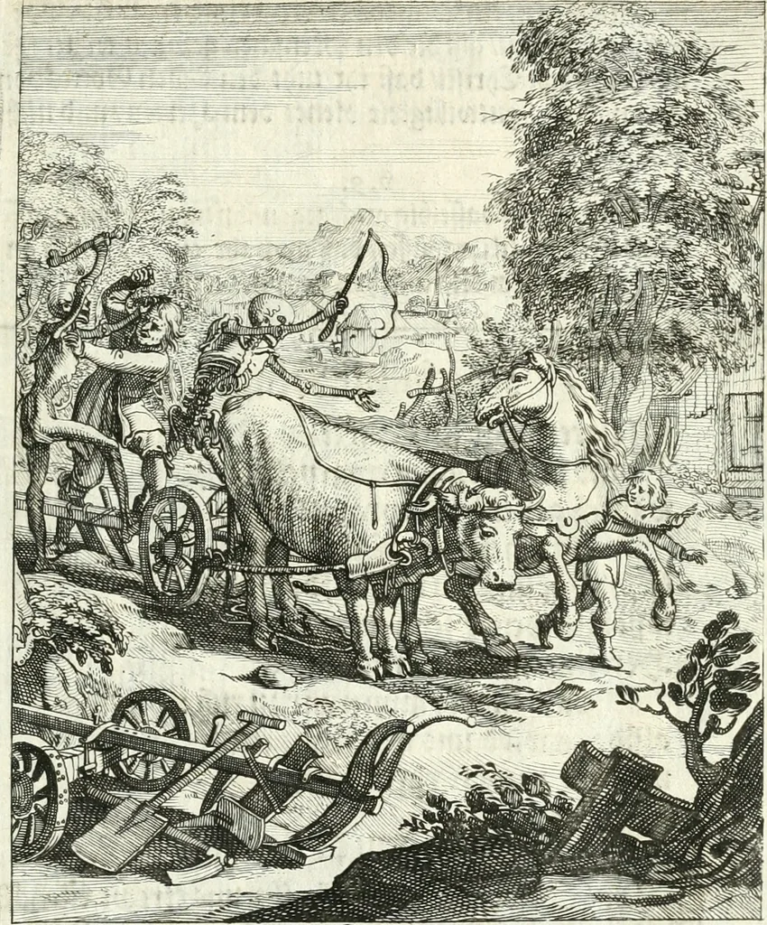 An illustration from Sterbensspiegel, das ist, Sonnenklare Vorstellung menschlicher Nichtigkeit durch alle Ständ und Geschlechter : vermitlest 60. dienstlicher Kupferblätteren, lehrzeicher Vberschrifften, und beweglicher zu vier stimmen aussgesetzter Todtengessängen, 1650, leaf 102