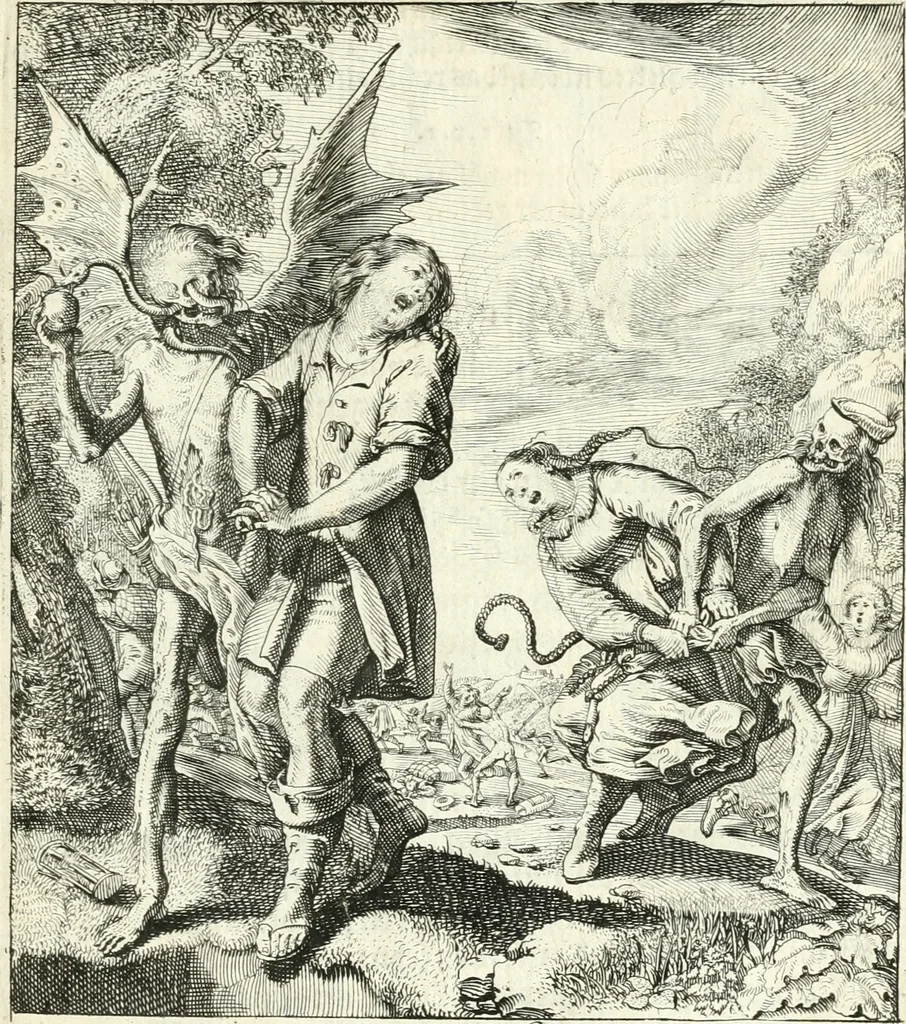 An illustration from Sterbensspiegel, das ist, Sonnenklare Vorstellung menschlicher Nichtigkeit durch alle Ständ und Geschlechter : vermitlest 60. dienstlicher Kupferblätteren, lehrzeicher Vberschrifften, und beweglicher zu vier stimmen aussgesetzter Todtengessängen, 1650, leaf 104