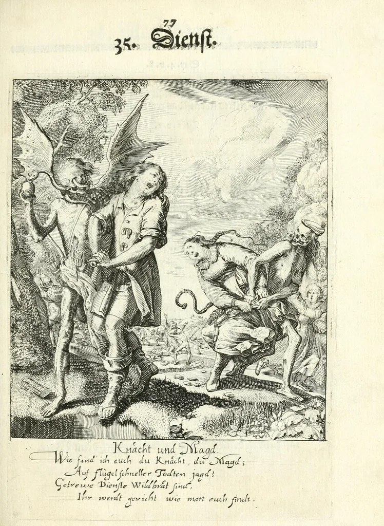 An illustration from Sterbensspiegel, das ist, Sonnenklare Vorstellung menschlicher Nichtigkeit durch alle Ständ und Geschlechter : vermitlest 60. dienstlicher Kupferblätteren, lehrzeicher Vberschrifften, und beweglicher zu vier stimmen aussgesetzter Todtengessängen, 1650, leaf 105