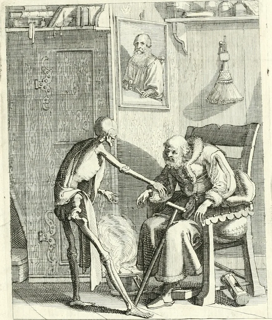 An illustration from Sterbensspiegel, das ist, Sonnenklare Vorstellung menschlicher Nichtigkeit durch alle Ständ und Geschlechter : vermitlest 60. dienstlicher Kupferblätteren, lehrzeicher Vberschrifften, und beweglicher zu vier stimmen aussgesetzter Todtengessängen, 1650, leaf 106