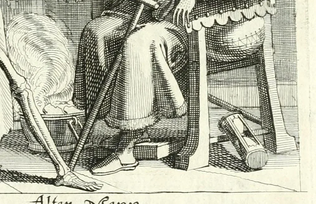 An illustration from Sterbensspiegel, das ist, Sonnenklare Vorstellung menschlicher Nichtigkeit durch alle Ständ und Geschlechter : vermitlest 60. dienstlicher Kupferblätteren, lehrzeicher Vberschrifften, und beweglicher zu vier stimmen aussgesetzter Todtengessängen, 1650, leaf 107