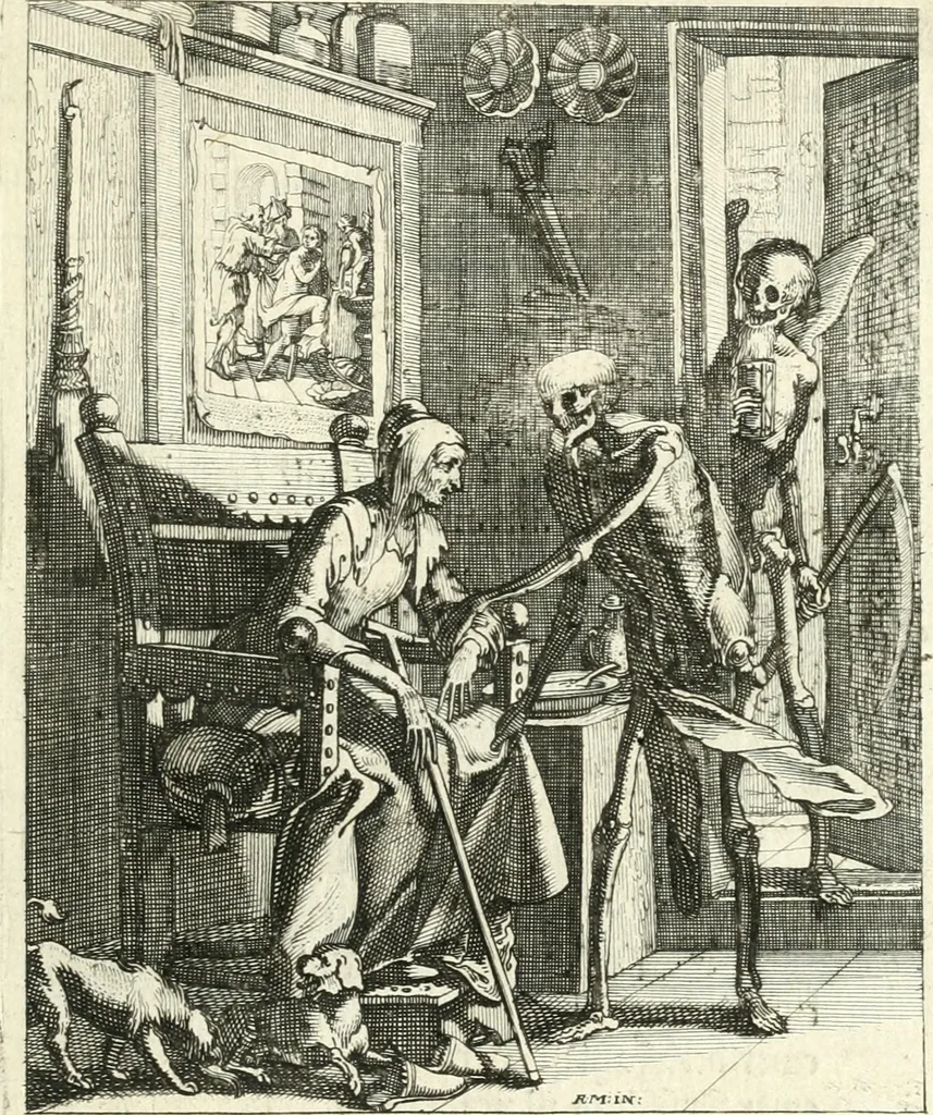 An illustration from Sterbensspiegel, das ist, Sonnenklare Vorstellung menschlicher Nichtigkeit durch alle Ständ und Geschlechter : vermitlest 60. dienstlicher Kupferblätteren, lehrzeicher Vberschrifften, und beweglicher zu vier stimmen aussgesetzter Todtengessängen, 1650, leaf 108