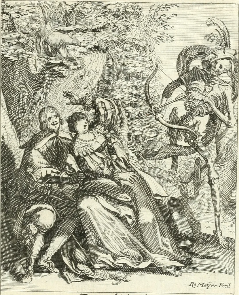 An illustration from Sterbensspiegel, das ist, Sonnenklare Vorstellung menschlicher Nichtigkeit durch alle Ständ und Geschlechter : vermitlest 60. dienstlicher Kupferblätteren, lehrzeicher Vberschrifften, und beweglicher zu vier stimmen aussgesetzter Todtengessängen, 1650, leaf 110