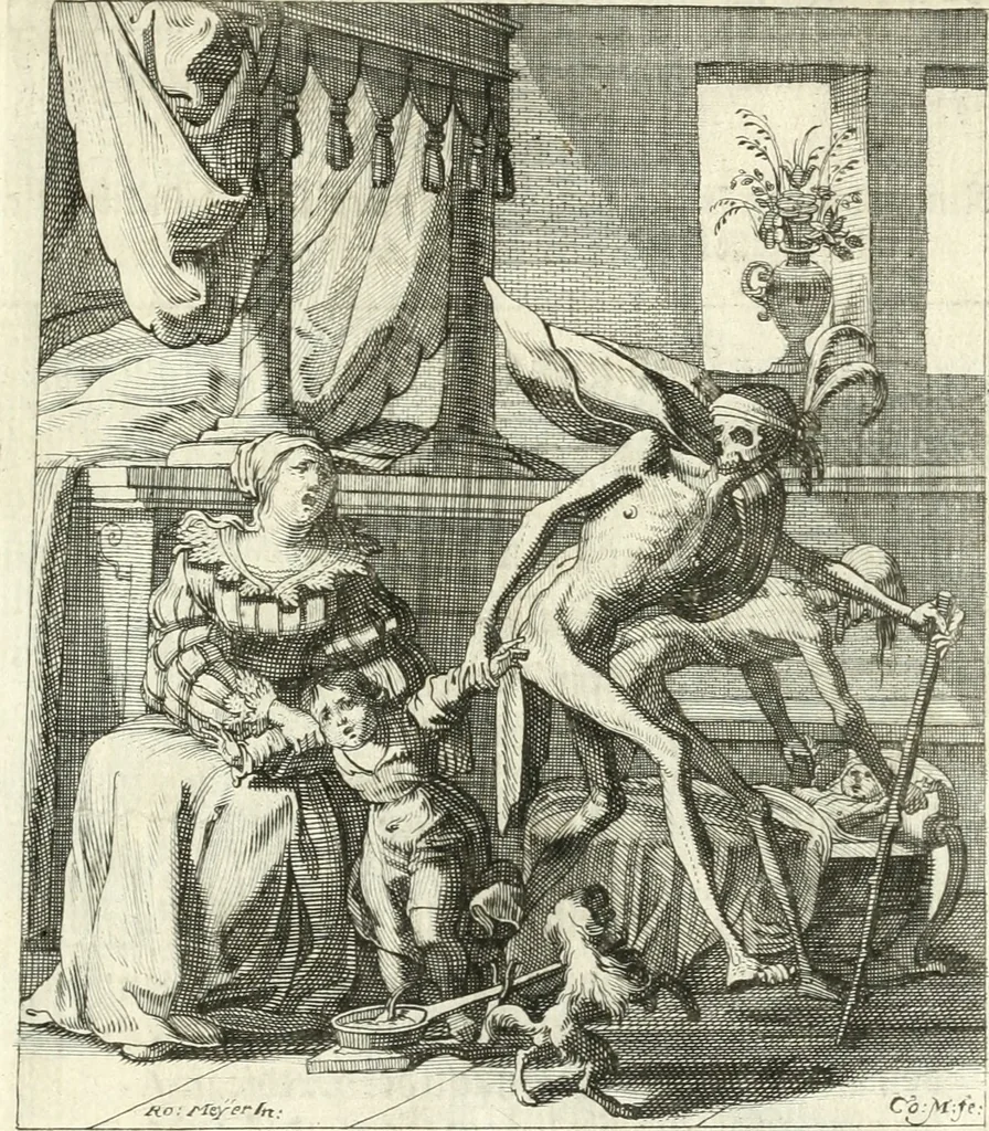An illustration from Sterbensspiegel, das ist, Sonnenklare Vorstellung menschlicher Nichtigkeit durch alle Ständ und Geschlechter : vermitlest 60. dienstlicher Kupferblätteren, lehrzeicher Vberschrifften, und beweglicher zu vier stimmen aussgesetzter Todtengessängen, 1650, leaf 112