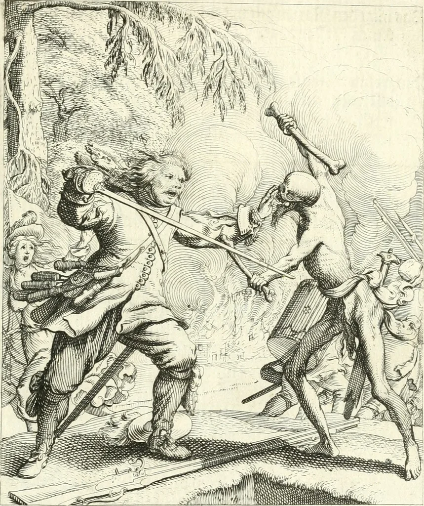 An illustration from Sterbensspiegel, das ist, Sonnenklare Vorstellung menschlicher Nichtigkeit durch alle Ständ und Geschlechter : vermitlest 60. dienstlicher Kupferblätteren, lehrzeicher Vberschrifften, und beweglicher zu vier stimmen aussgesetzter Todtengessängen, 1650, leaf 114